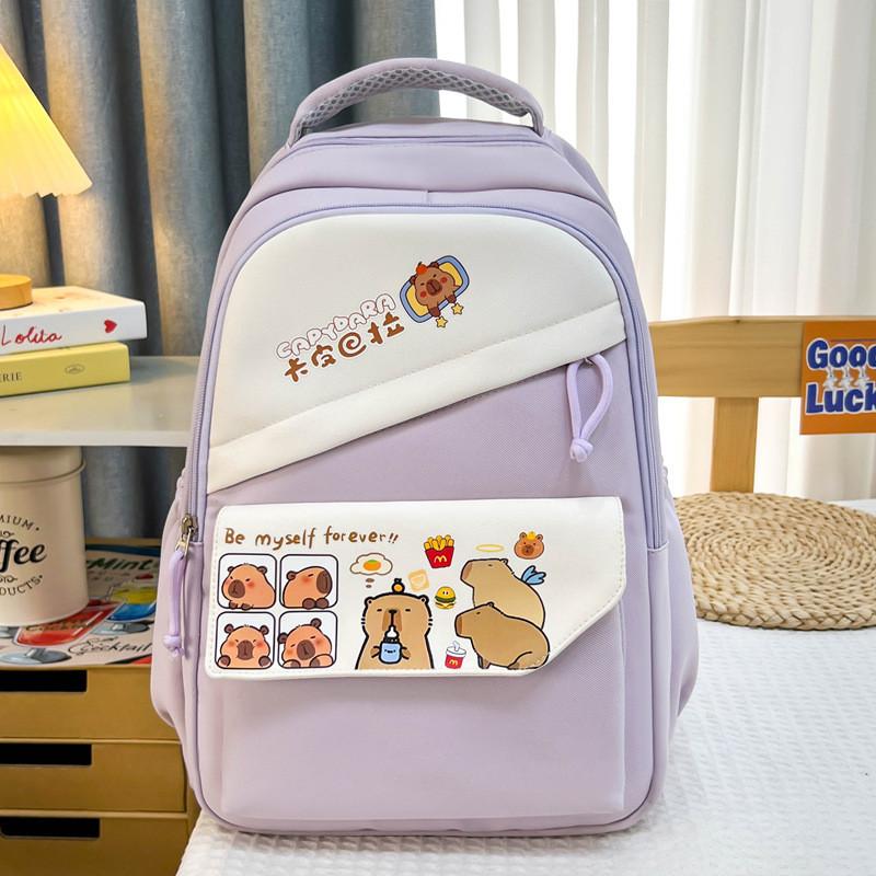 Capybara Cartoon Pattern Nylon Backpack With Striped Stitching For Travel School
