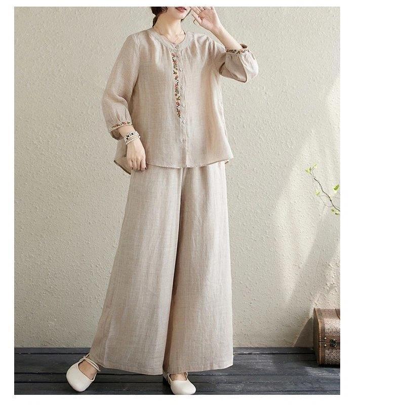 Women Linen Cotton Two Piece Outfit, Embroidered 3/4 Sleeve Top And Wide Leg Pants Set For Casual Daily Wear