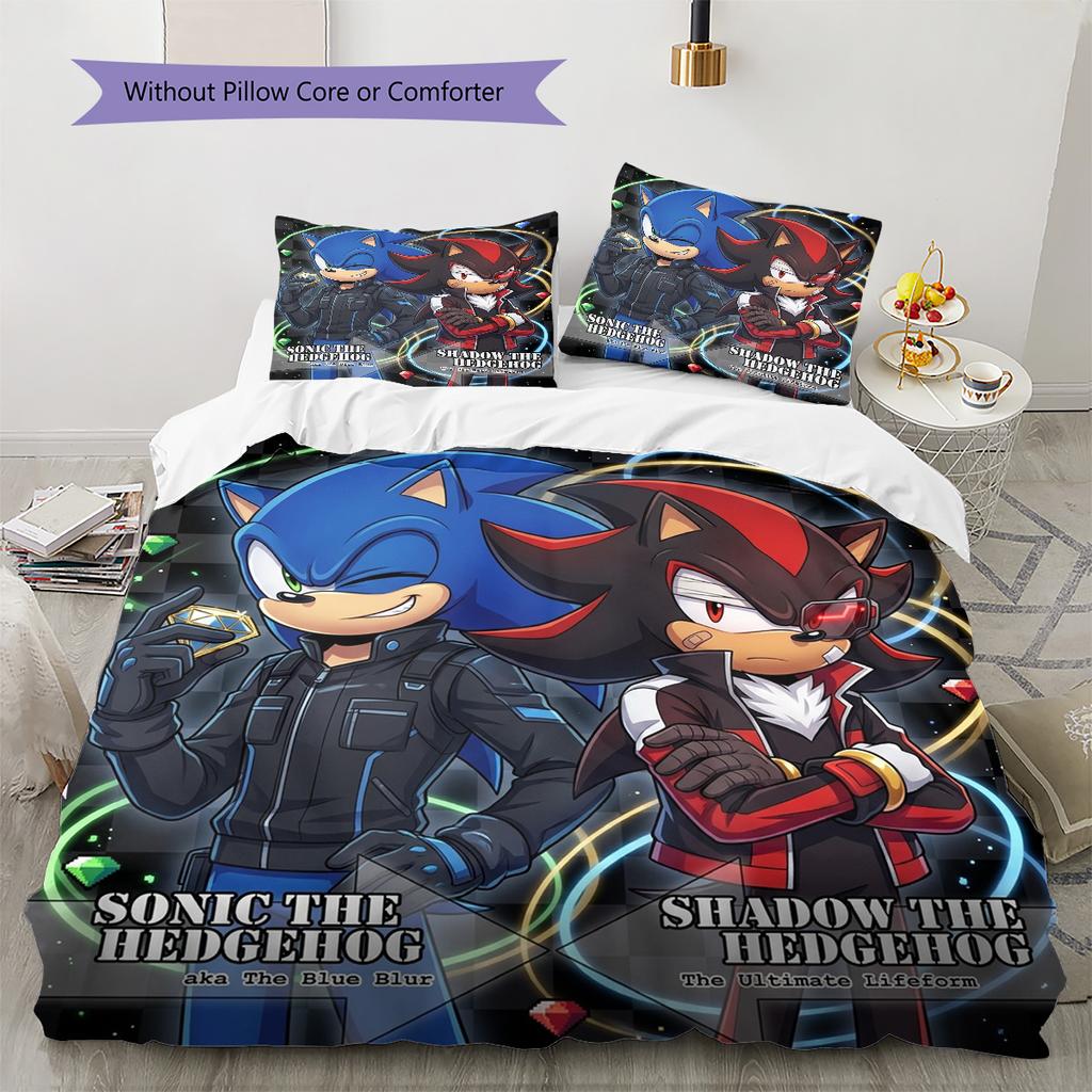 Sonic Hedgehog Pattern Bedding Quilt Set Quilt Cover Pillowcase Home Birthday Gift(1 * Duvet Cover + 2 * Pillowcase, Without Core)