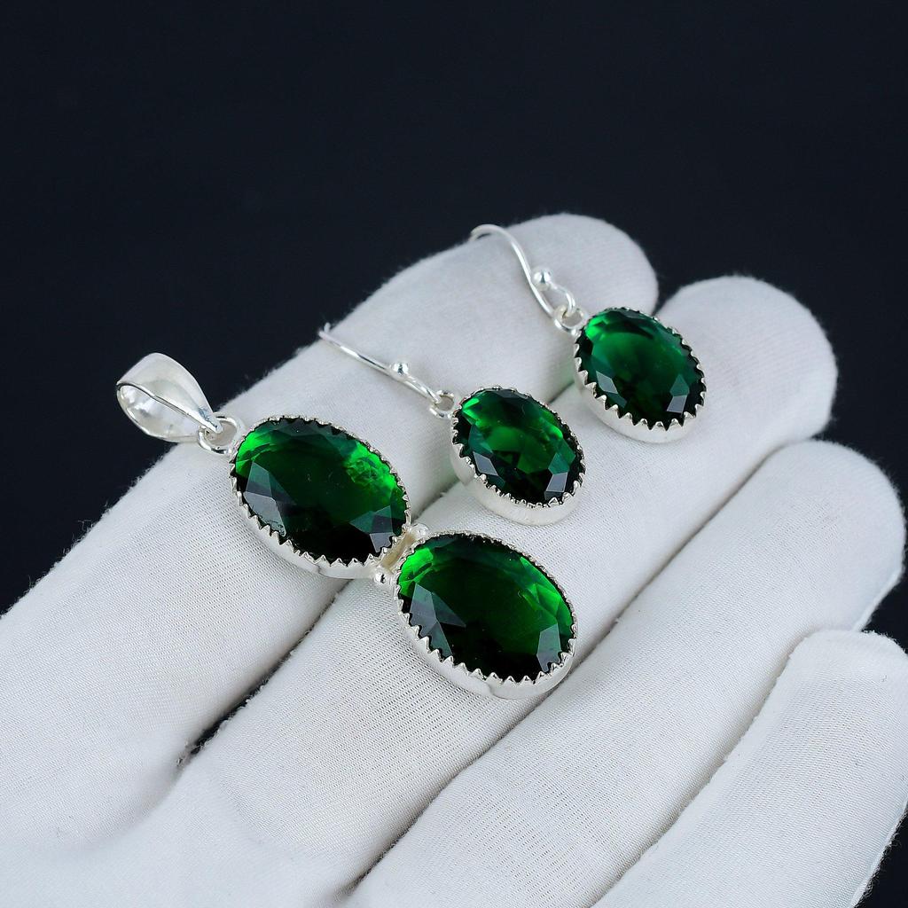 Grüner Turmalin Anhänger Set, Grüner Turmalin Edelstein Handarbeit 925 Sterling Silber Ohrring Anhänger Set für Frauen Anhänger Thanksgiving Geschenk