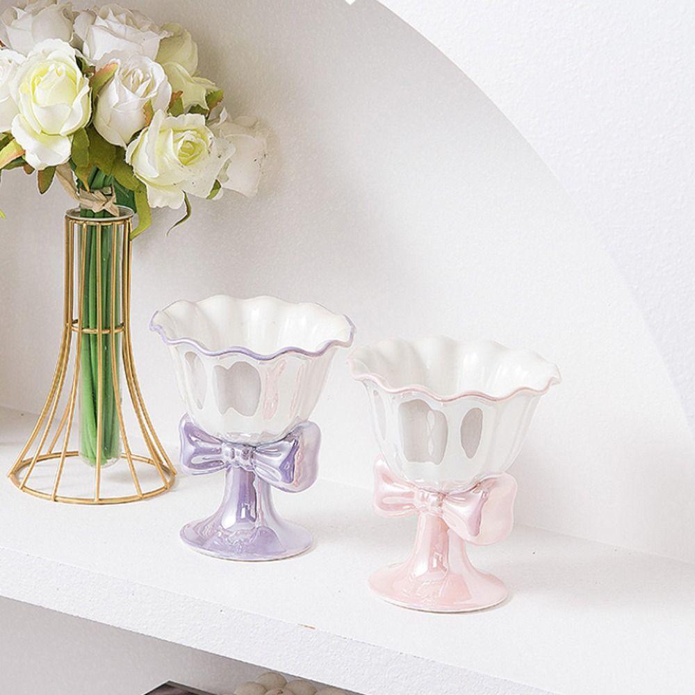 Ceramic Dessert Cup Multi-Function Tea Cup Dessert Tools Bow Shaped Ice Cream Cup  Desktop