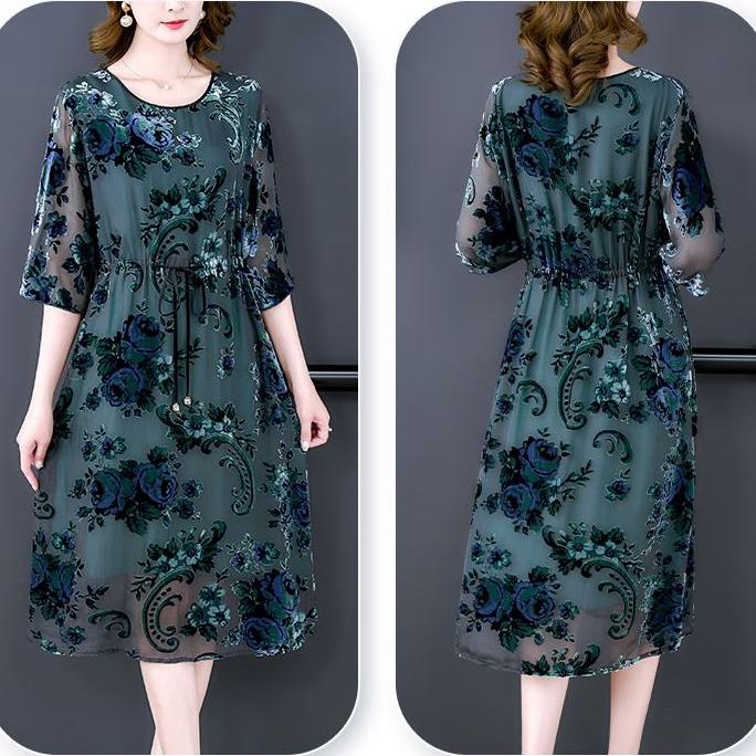 High-end Women s Velvet Dress Long Silk Dress Loose Floral A-Line Dress Spring Autumn L зелёный