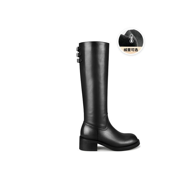 New spot Seoul scheming boots~ belt buckle side zipper thick heel high boots women's 2025 new velvet ride