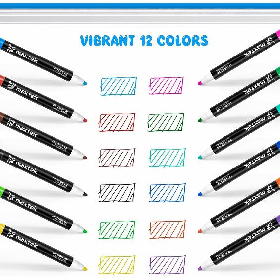 maxtek Magnetic Whiteboard Markers - 12 Count Colorful Fine Tip Dry Erase Markers with Eraser for Kids, Low Odor Thin Markers for Calendar Boards