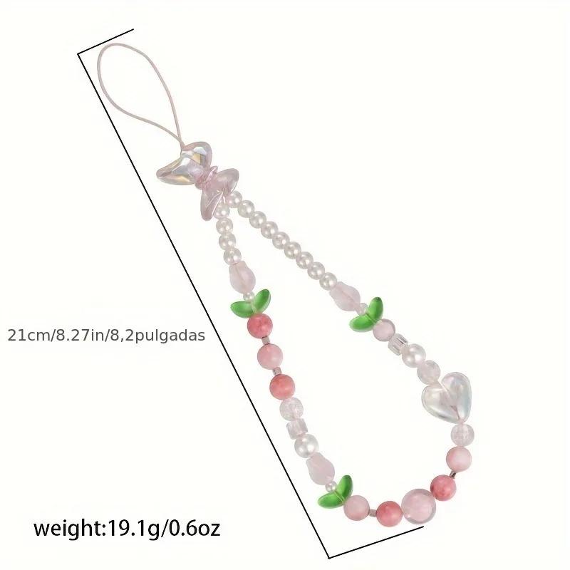 Süße Pfirsich Perlen Handy-Anhänger Kette, Schmuck für süße Mädchen, Perlen Handy Blumen Lanyard für iPhone Schlüsselanhänger