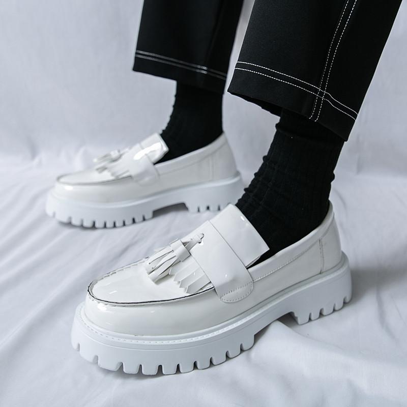 White Tassel Loafers Men Chunky Shoes Large Size 38-46 Round Toe Casual Shoes For Man Party Fashion Leather Shoes Man Moccasins