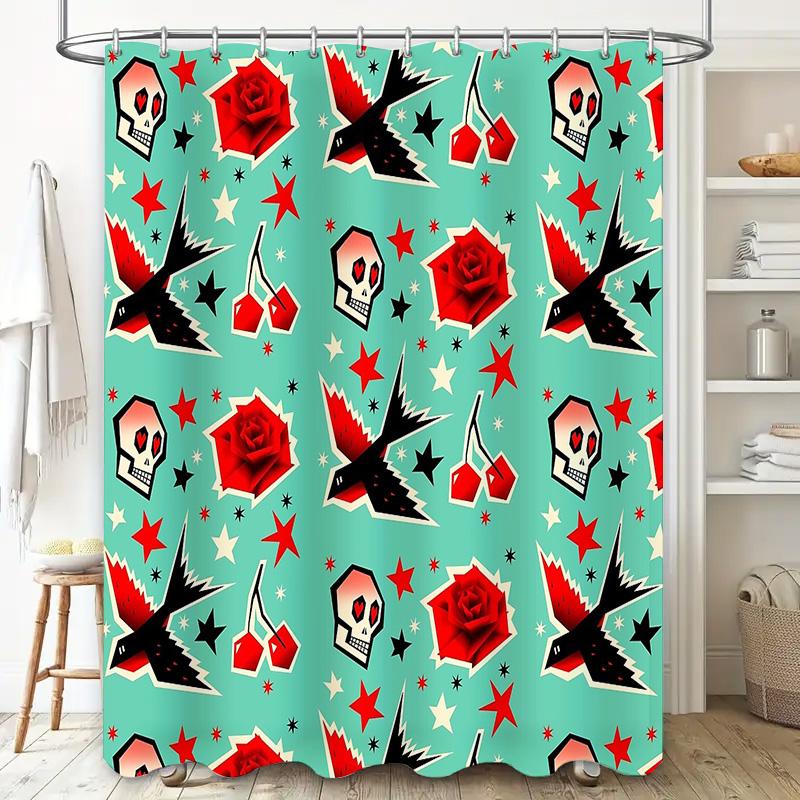 Vintage Skull Tapestry Shower Curtain Gothic Halloween Decor Black Red Skull Pattern Washable Bathroom Curtains Spooky Home Deco