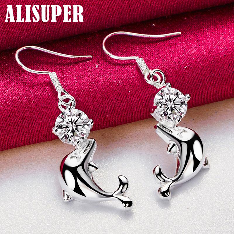 925 Sterling Silver Dolphin AAA Zircon Drop Earrings Jewelry