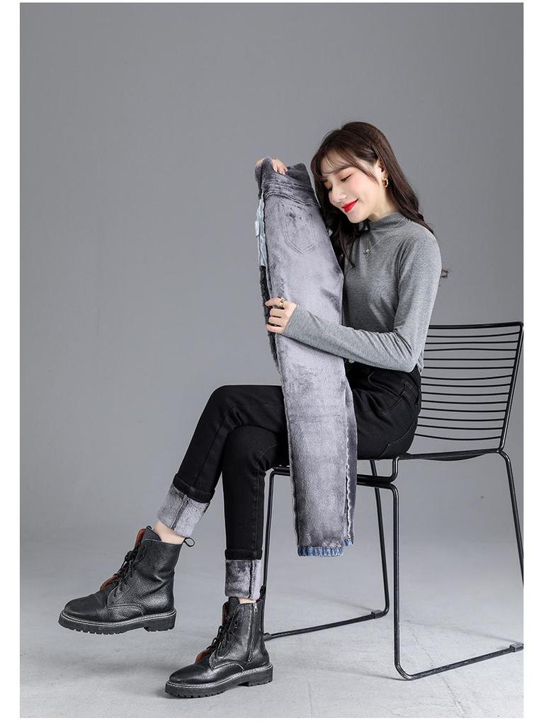 High-Waist Skinny Velvet-Lined Jeans - Women's Casual Japanese Korean Style, Autumn/Winter 2025.