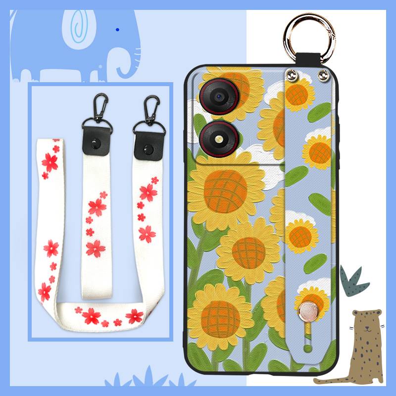 Kickstand Oil Painting Phone Case For ZTE Blade A34 Anti-dust Ring Fashion Design Anti-knock Lanyard Wrist Strap Flower