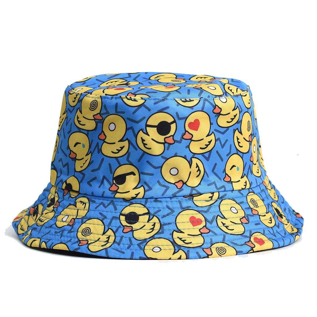 Cartoon-Ente Eimerhut Niedlicher Druck Fischerhüte Für Männer Frauen Doppelseitig Panama-Kappe 58cm Sommer Outdoor Sonnenhüte
