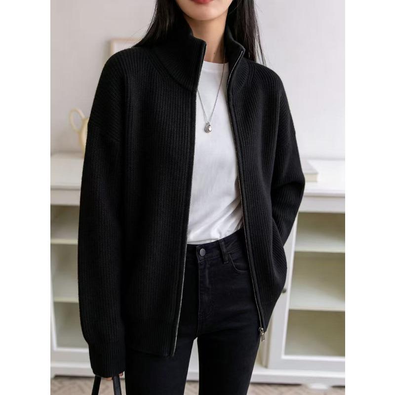Women's Off White Stand Collar Double Zipper Vertical Rib Knit Loose Cardigan