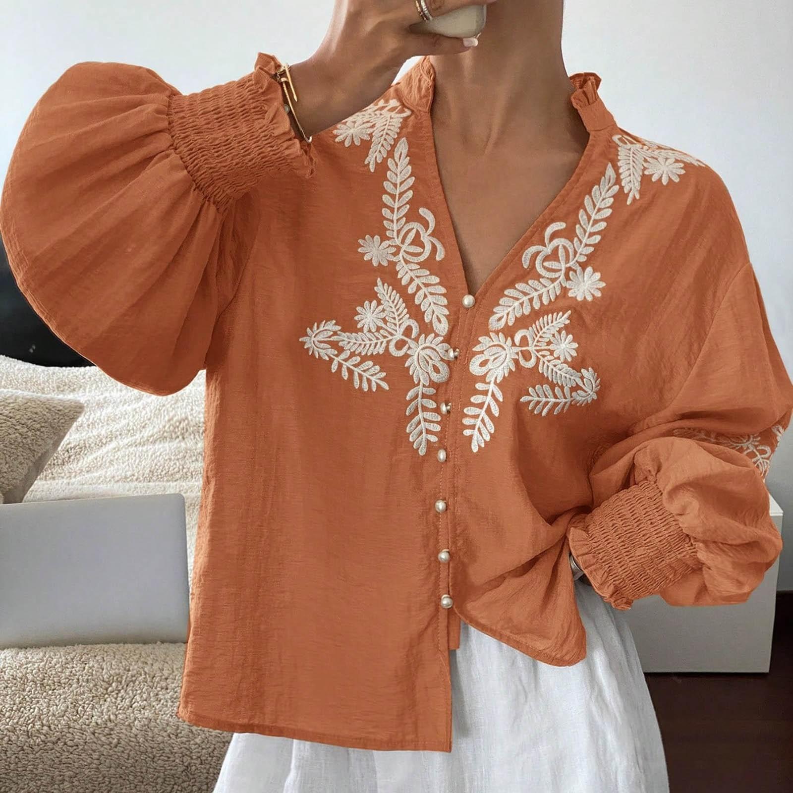 

Женская модная рубашка с V-образным вырезом, однотонная, с вышивкой, на одной пуговице, с длинным рукавом XL оранжевый