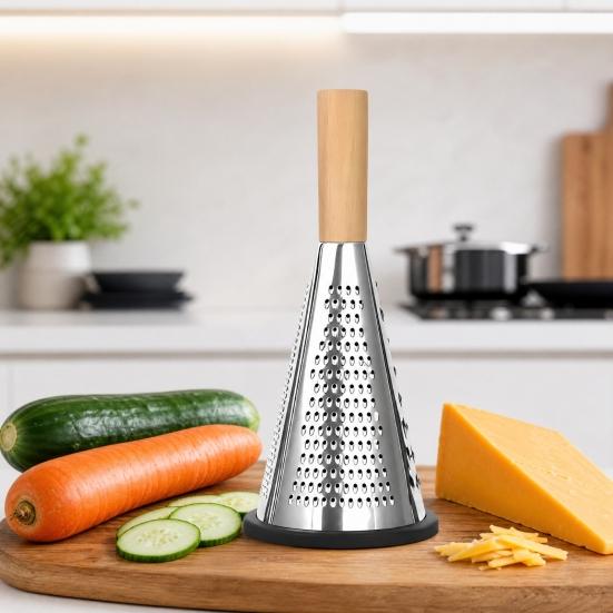 Vertical Cone Cheese Grater, Food Grade Stainless Steel Shredder for Parmesan, Wood Handle Vegetable Fruit Planer