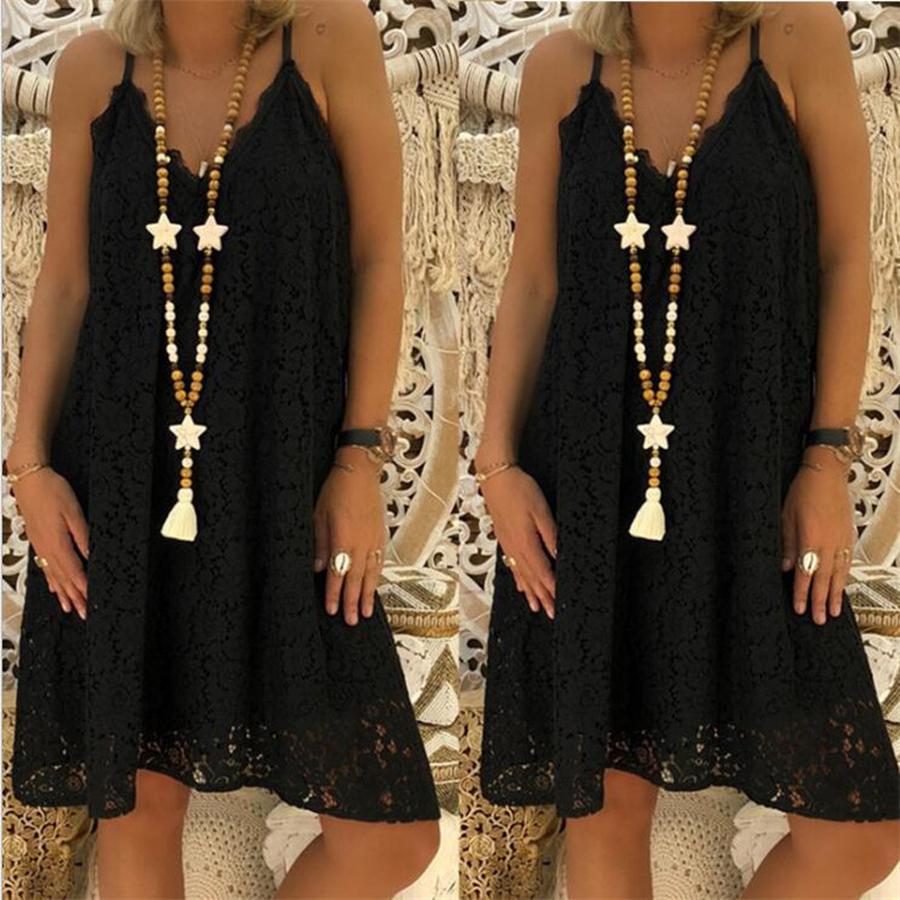

Women s Summer Solid Sleeveless V-Neck Lace Loose Dress 5XL чорний