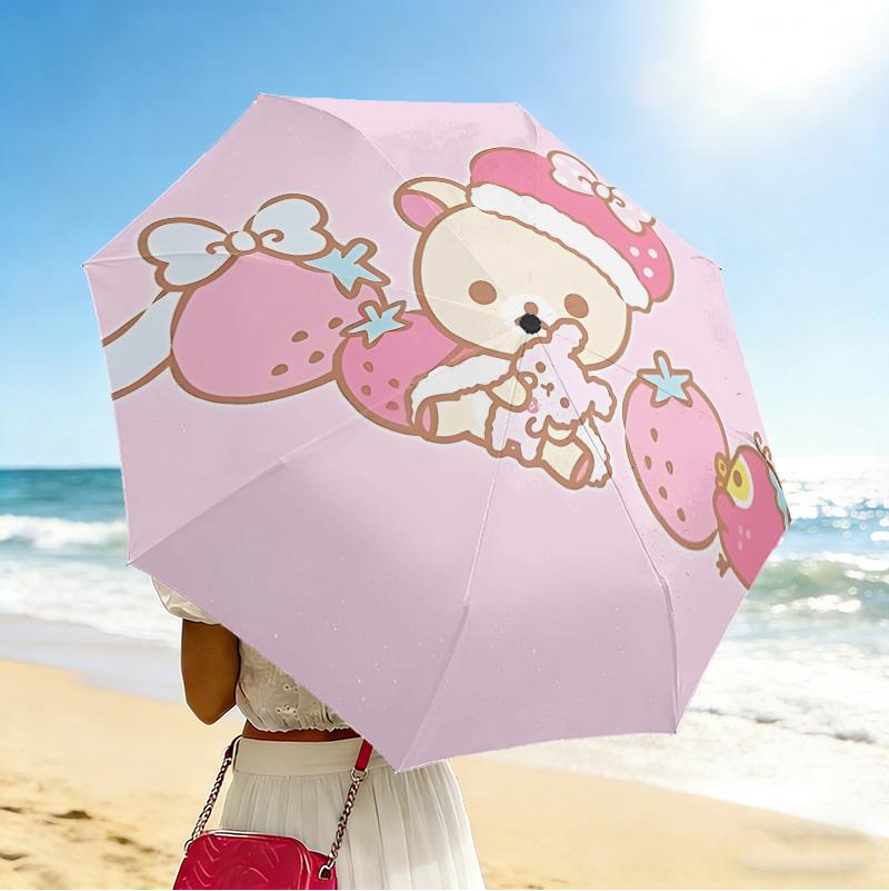 Strawberry Friends 8 Ribs 3Fold Black Glue Uv Protection Umbrella Sun Protection Rainproof Compact Folding Umbrella For Travel Daily Use C92469
