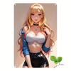 Hochauflösendes Blechschild Wandkunst Anime-Stil Sexy Blondes Mädchen mit Langen Haaren Brille Blaues Crop-Top Schwarzes Leder Short