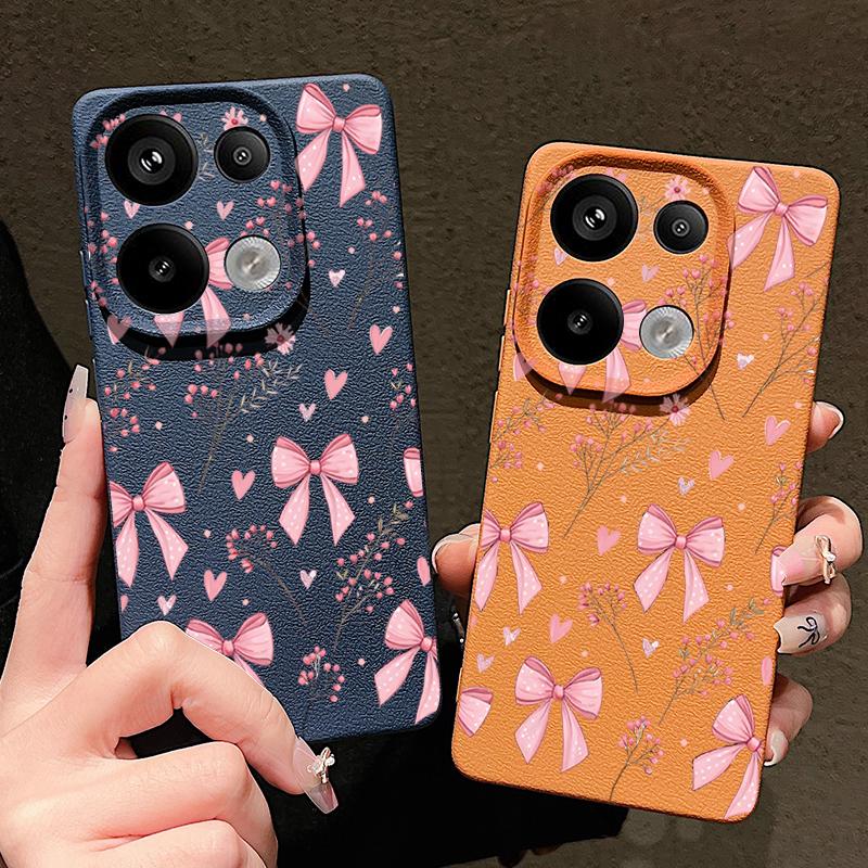 Pink Bowknots Floral Pattern Case For Xiaomi 14T 13T 11T Pro Funda Redmi Note 14 13 12 11 Pro 5G 4G Leather Texture Silicone Cover
