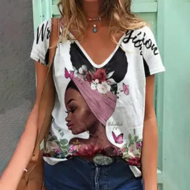 Summer V-neck 3D Art Facial Pattern Printed Top Fashionable Casual Short Sleeved Women's T-shirts