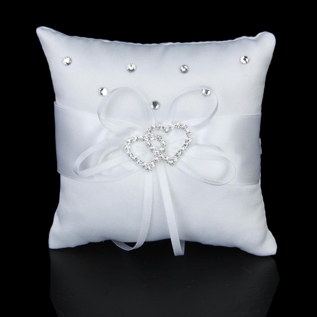 Satin Pocket Ring Pillow Double Heart Crystal Rhinestone Cushion Wedding Party Anniversary Supplies