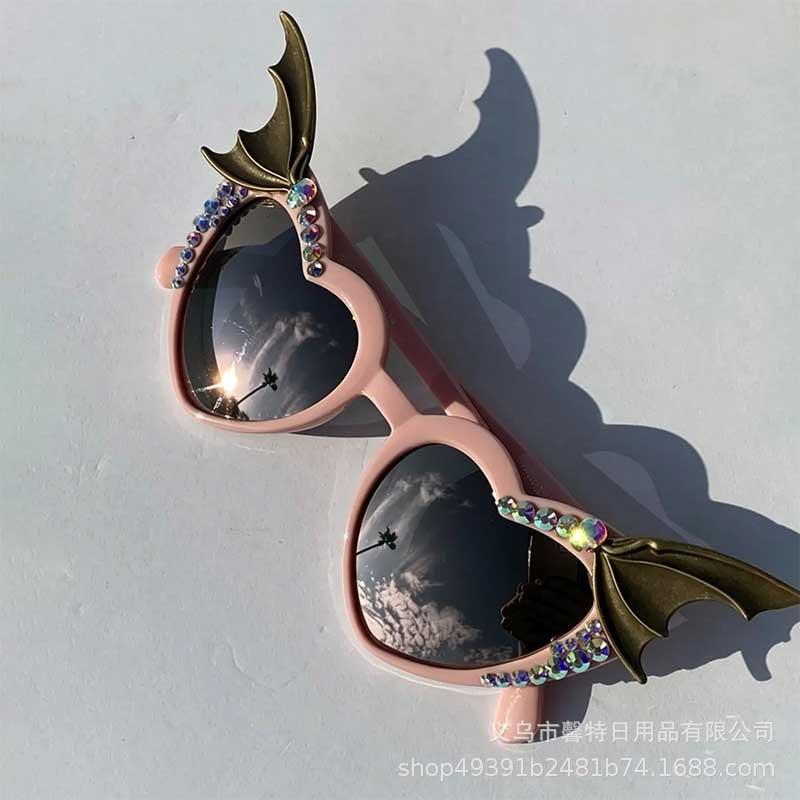 New Halloween Bat Wings Pink Heart Sunglasses with Handmade Gemstones in Dark Fairy Style for Personalized Look