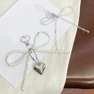 Korean Sweet Pearl Bow Keychain Heart Pendant Keyring Y2K Aesthetic Key Holder For Girls Bag Pendant Accessories