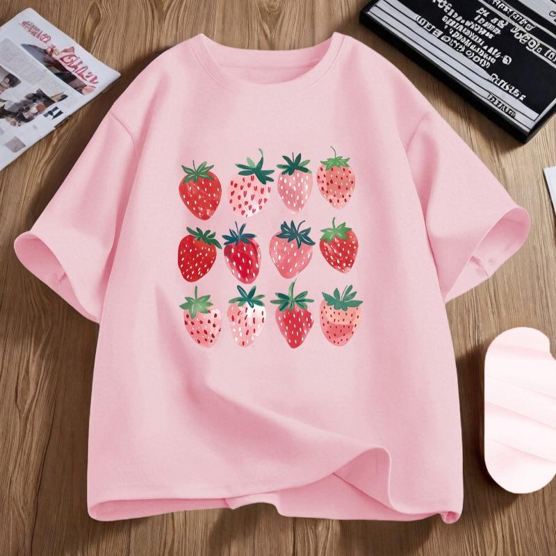 Kids Summer Crew Neck Short Sleeve T-Shirt with Strawberry Graphic Print