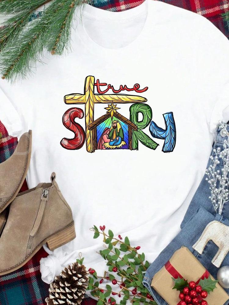(Asian Size) Tee New Year Holiday tree cute 90s Merry Christmas Top festival Casual Women Print Lady Short Sleeve Fashion Graphic T-shirts
