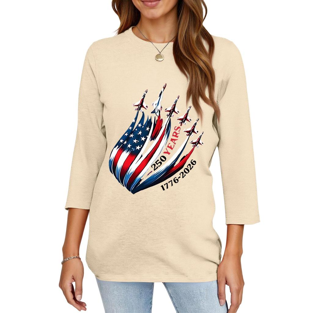 Women's Fashionable Casual Three-Quarter Sleeve 250th Anniversary Independence Day Print Neck Sweater