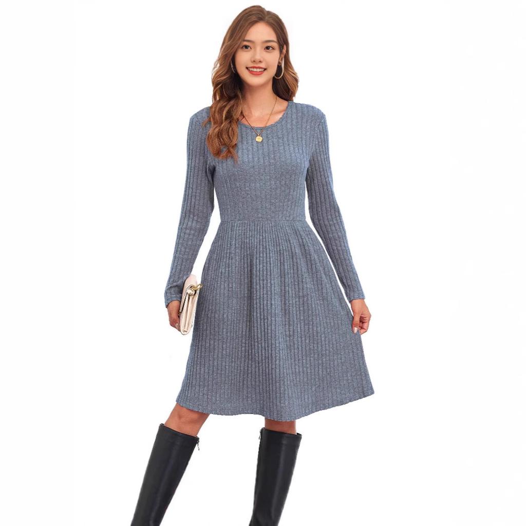 women's vertical ribbed cotton blend crew neck long sleeve midi a line knit sweater dress fall casual swing gown