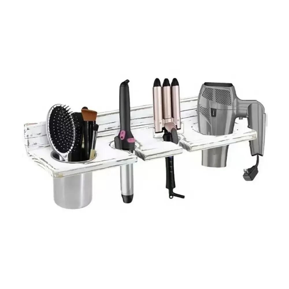 Multi-Purpose Wooden Hair Dryer Holder Wall-Mounted Space Saving Blow Dryer Hanger Stylish Curling Iron Shelf for Home