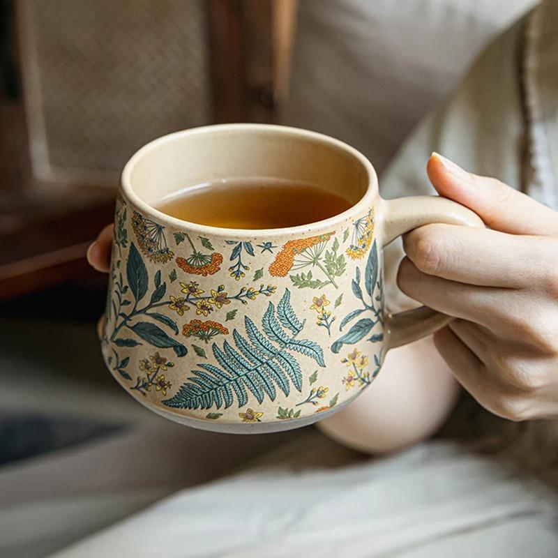 Retro Floral Pattern Ceramic Cup Large Capacity Coffee Mug Milk Cup Breakfast Cup Beverage Cups Household Water Cups Tea Cups