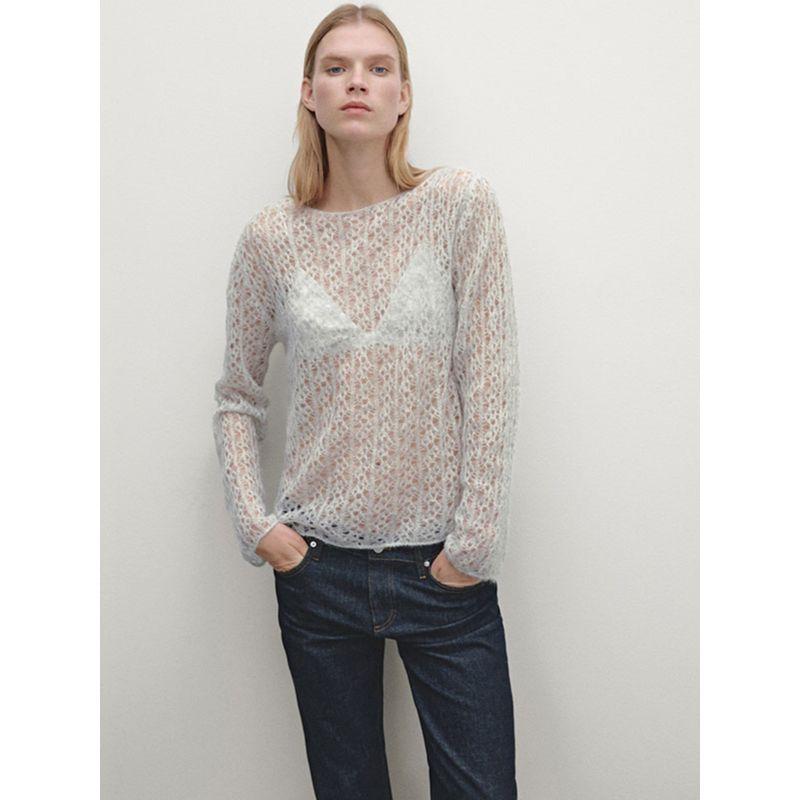 MD Women Clothes Spring French Style Art Sweater Light Hollow Cover Up Round Neck Long Sleeve Knit 05639612811