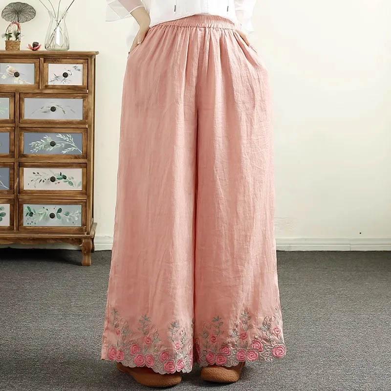 Pants Women Hemp Embroidery Casual Solid Color Loose Big Size Wide Leg Pants