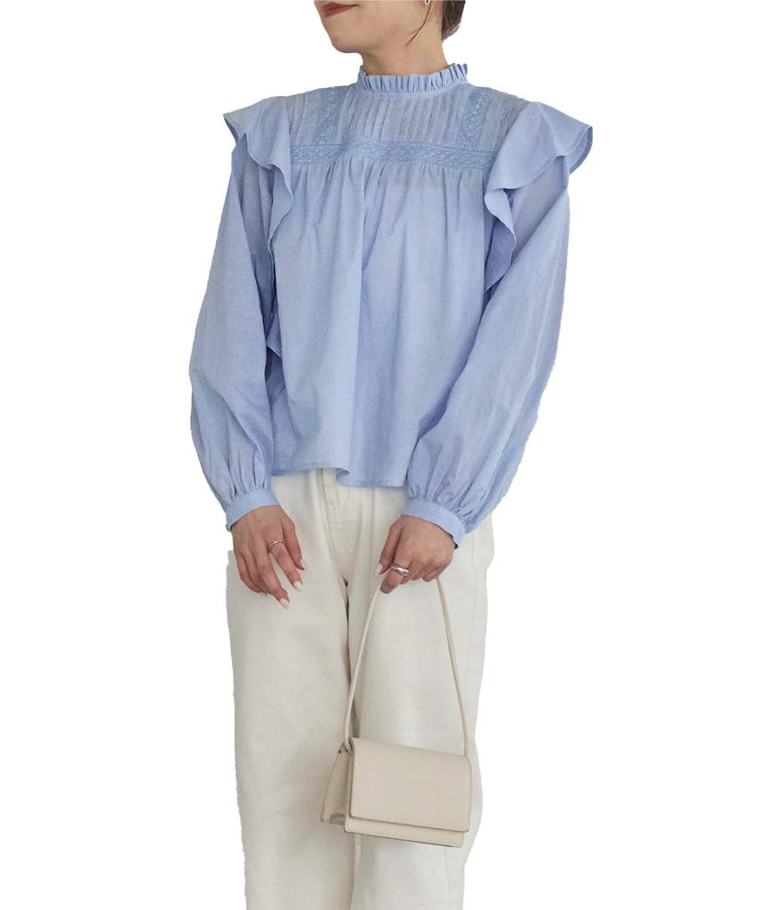 Titibait Pin Tuck Design Ruffle Blouse AFXP4300 Small Blue Women's