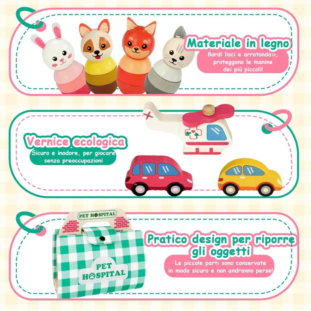 Wooden Pet Vet Hospital Play Sets with Carrying Bag Doctor Kit for Toddlers Pretend Play Animal Toy Gift for Kids Boys Girls