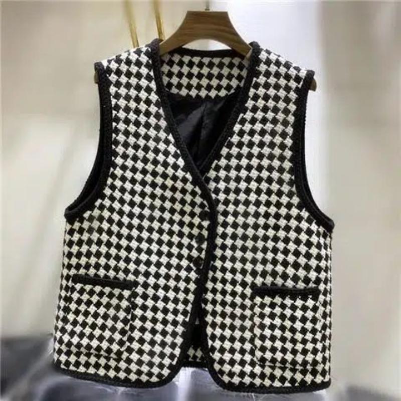 

Retro Houndstooth Vest for Women Spring and Autumn New Stitched V-neck Button Sleeveless Fashion Jacket Top L