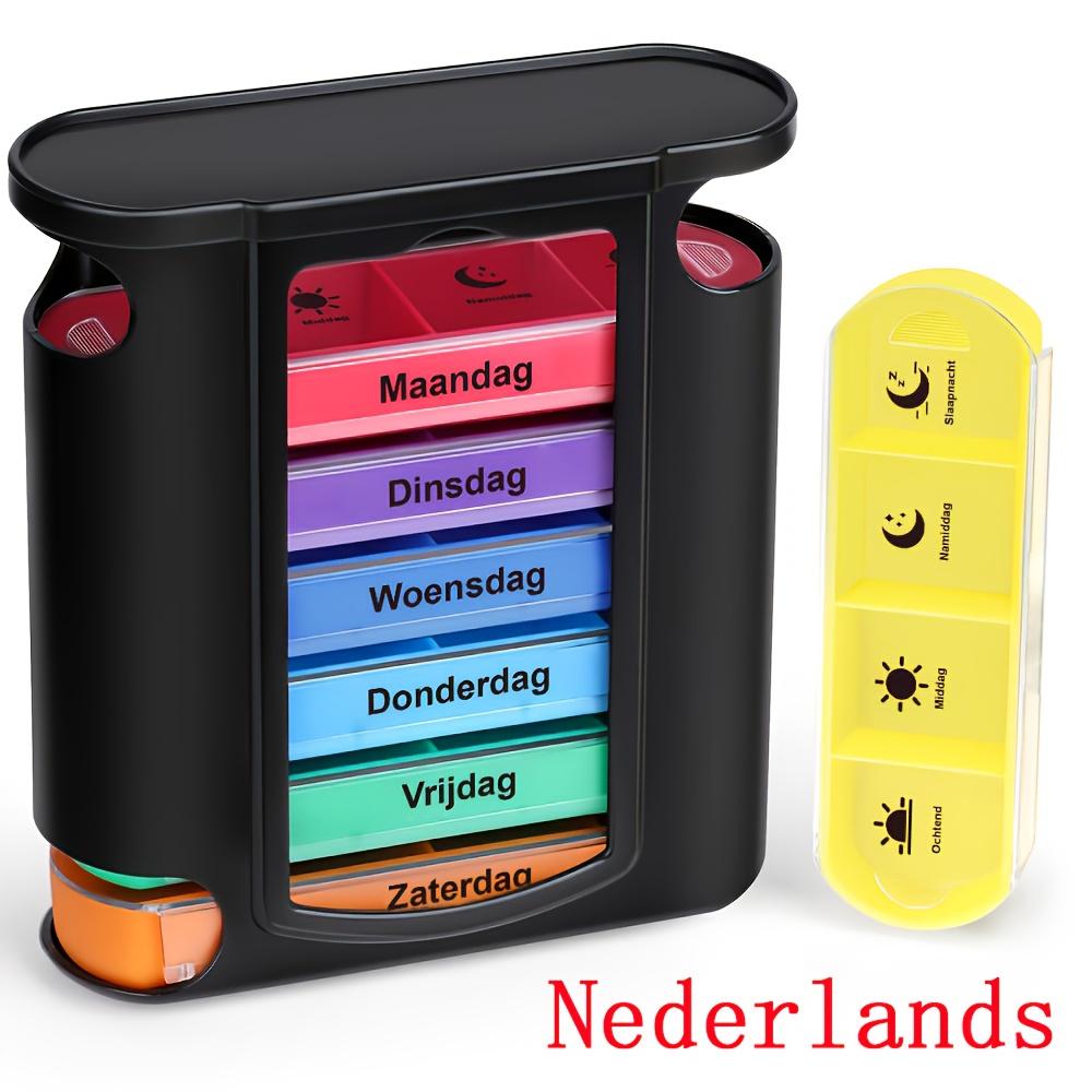 

[Dutch printing] Weekly Pill Organizer,1 Dispenser,7 Stackable Compartments Four Times-a-Day - Morning,Noon,Evening,and Bedtime