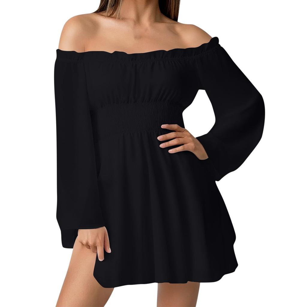 Women's Fashion Off-Shoulder Tie-Detail Pleated Long-Sleeve Fitted -Color Short Dress