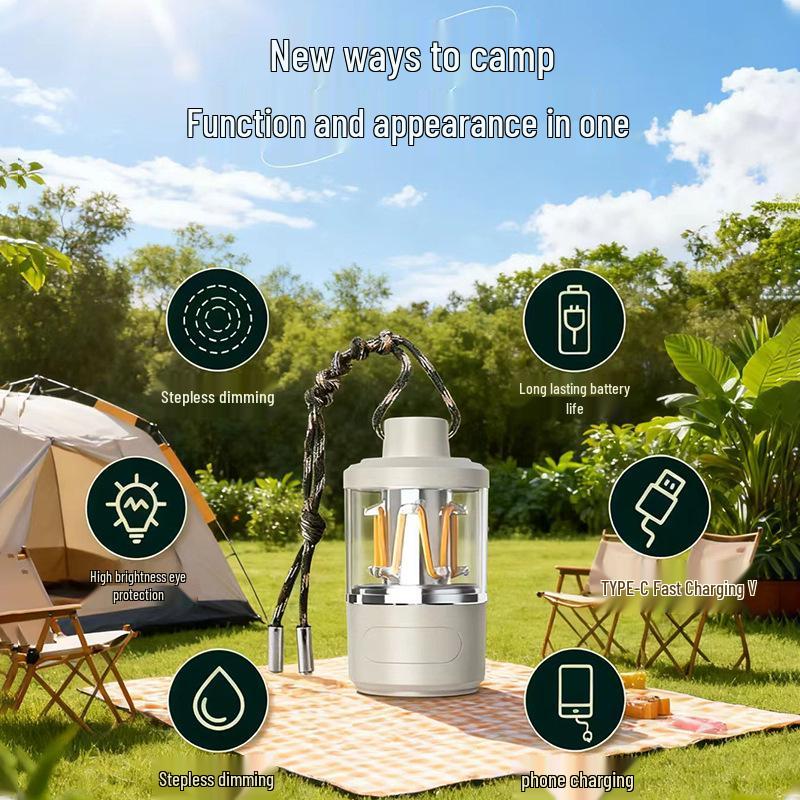 Rechargeable LED Camping Light with Adjustable Three-Color Modes and Long Battery Life.