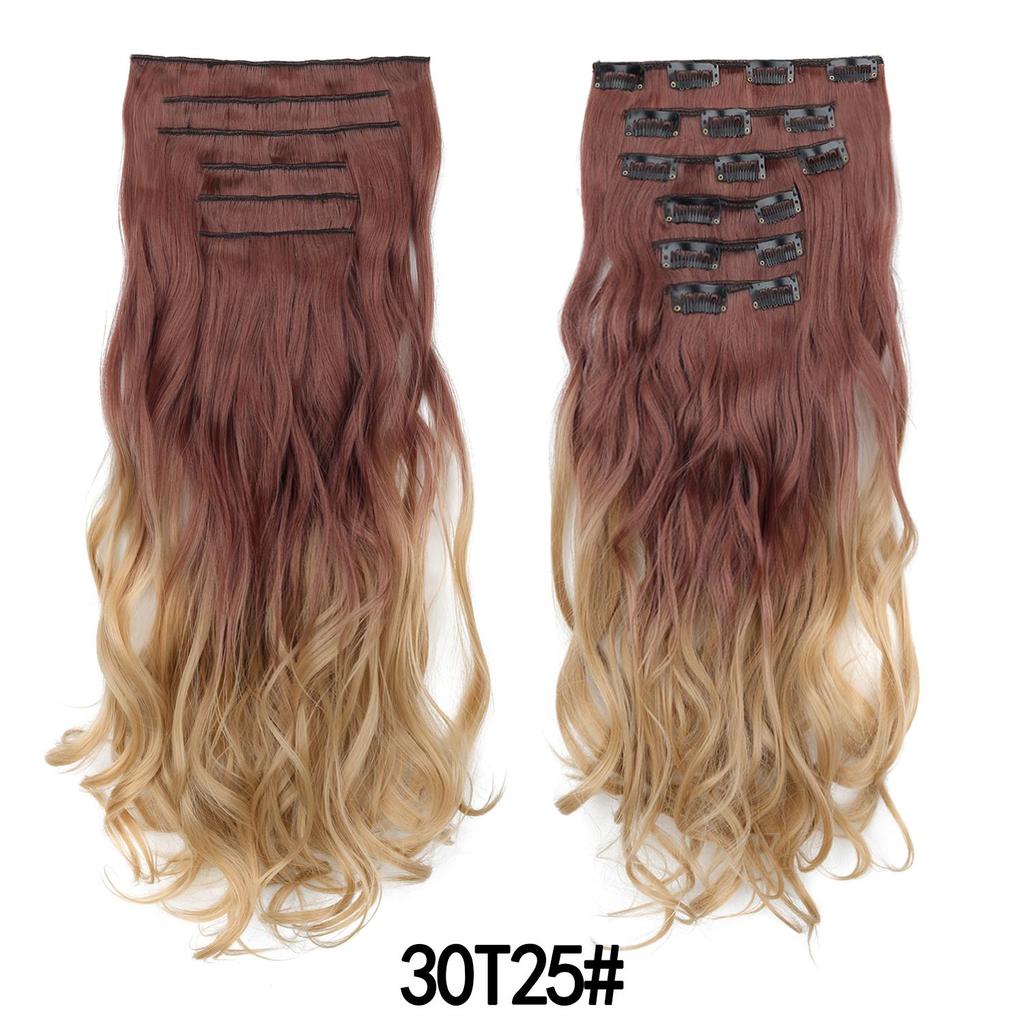 6PCS Set Hairpiece Clip In Hair Extensions Long Wavy Hair Full Head Brown Ombre Gradient Color Natural Look