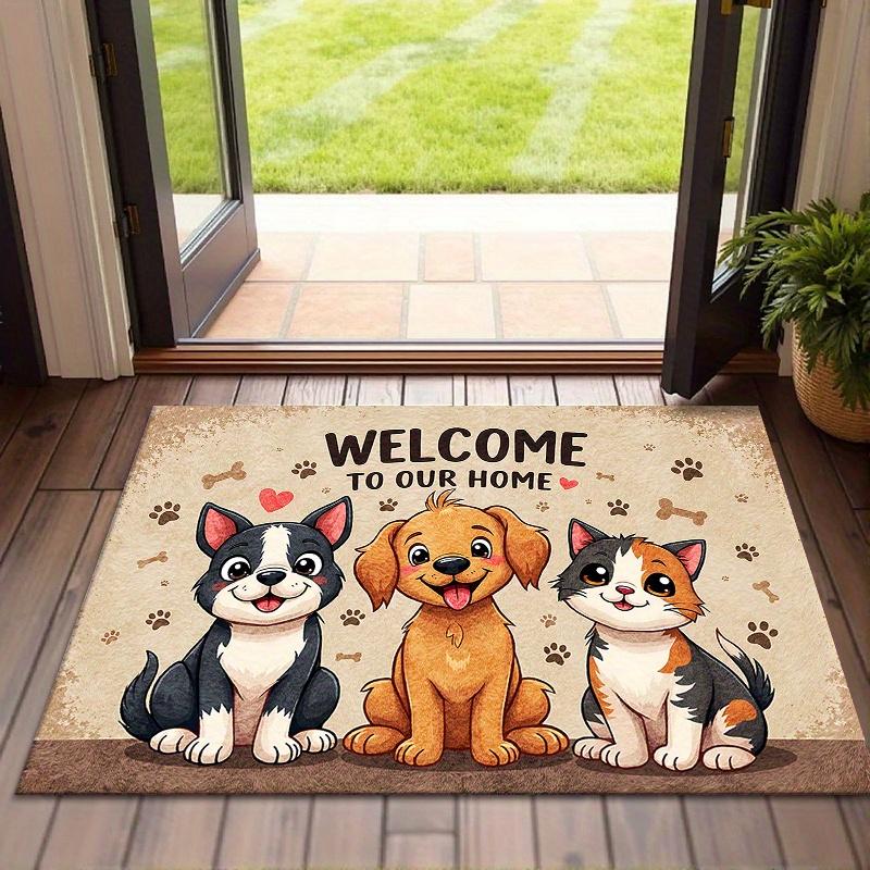 1pc Non-Slip Machine Washable Welcome Mat | Cute Cartoon Dog and Cat Design with Paw Prints and Hearts, Durable Polyester Indoor/Outdoor Entrance Mat