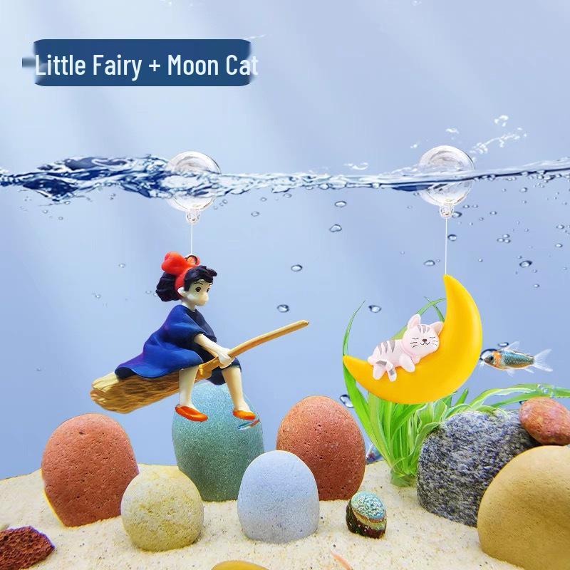 Floating Little Witch & Moon Cat Aquarium Ornament Set