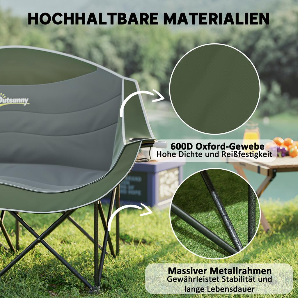 Folding Chair Foldable 2-Seater Camping Chair with Cup Holder Carry Bag up to 250kg Load Capacity Green