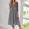 Abito midi stampato con scollo a V e maniche a tre quarti, stile casual da donna