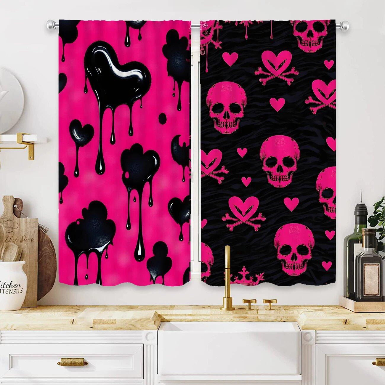 

2pcs- Pink heart-shaped skull polyester curtains pole bag curtains 42*84 bedroom living room home room decoration 100*130 Rod Pocket 1pcs