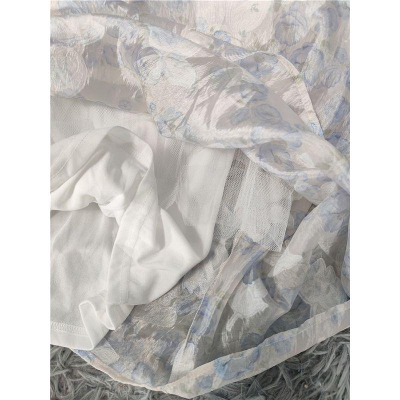 Foreign Trade Order Lu Girl Style Blue and White Tihua Mesh Bandage Bow Design Dress Vacation Long dress