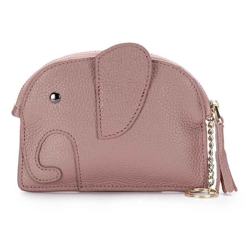 Women's Top Grain Cowhide Mini Coin Purse with Elephant Keychain - Cute, Japanese Style, Real Leather, Super Thin