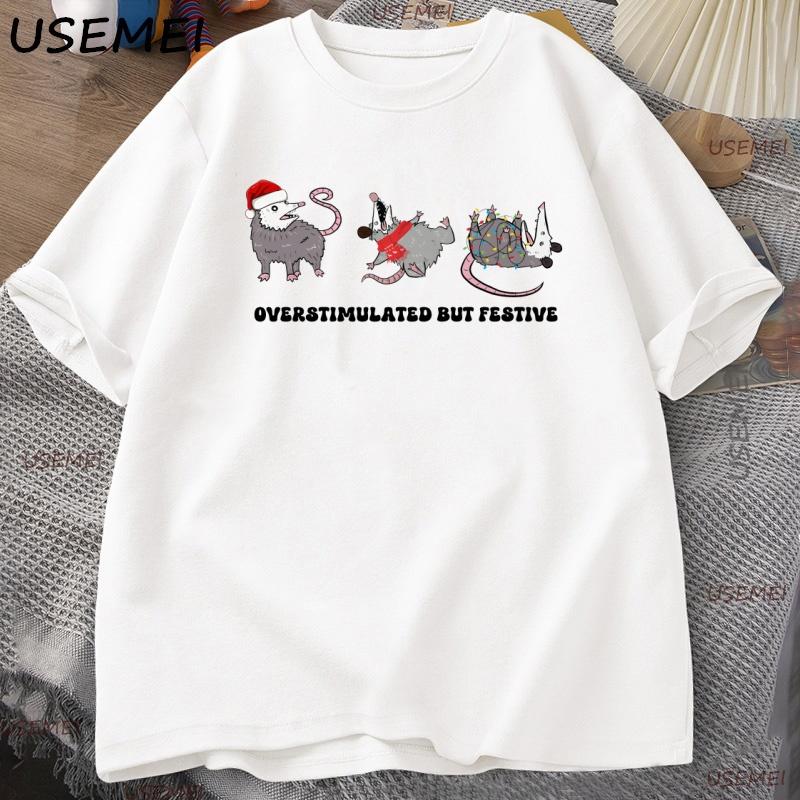 Overstimulated But Festive Possum Christmas Tshirt Funny Christmas T-Shirt Cute Animal Printed Cotton Short Sleeves T Shirt Tees XL белый