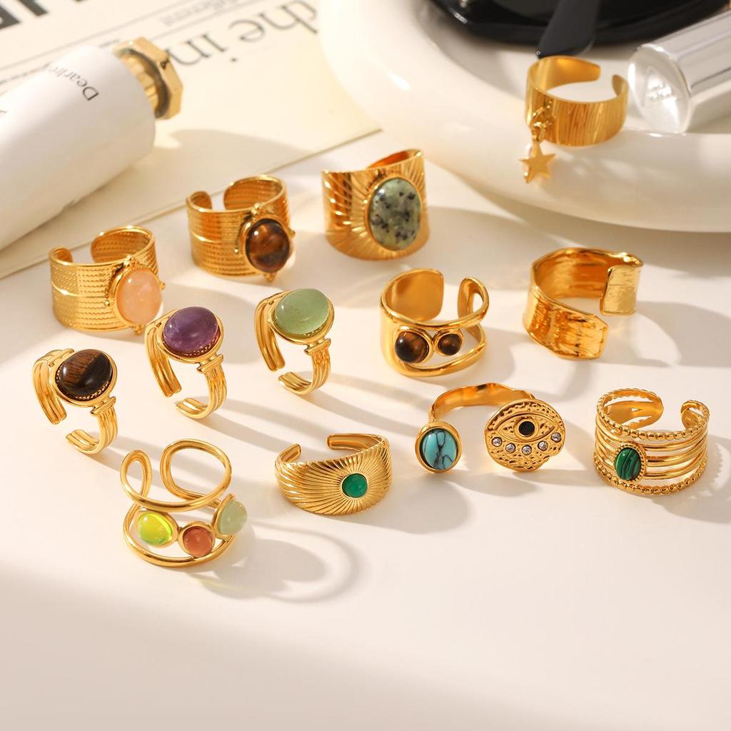 Inele deschise pentru degete din oțel inoxidabil placat cu aur de 18k, stil retro francez, cu piatră naturală - Rezistent la decolorare, Design premium.